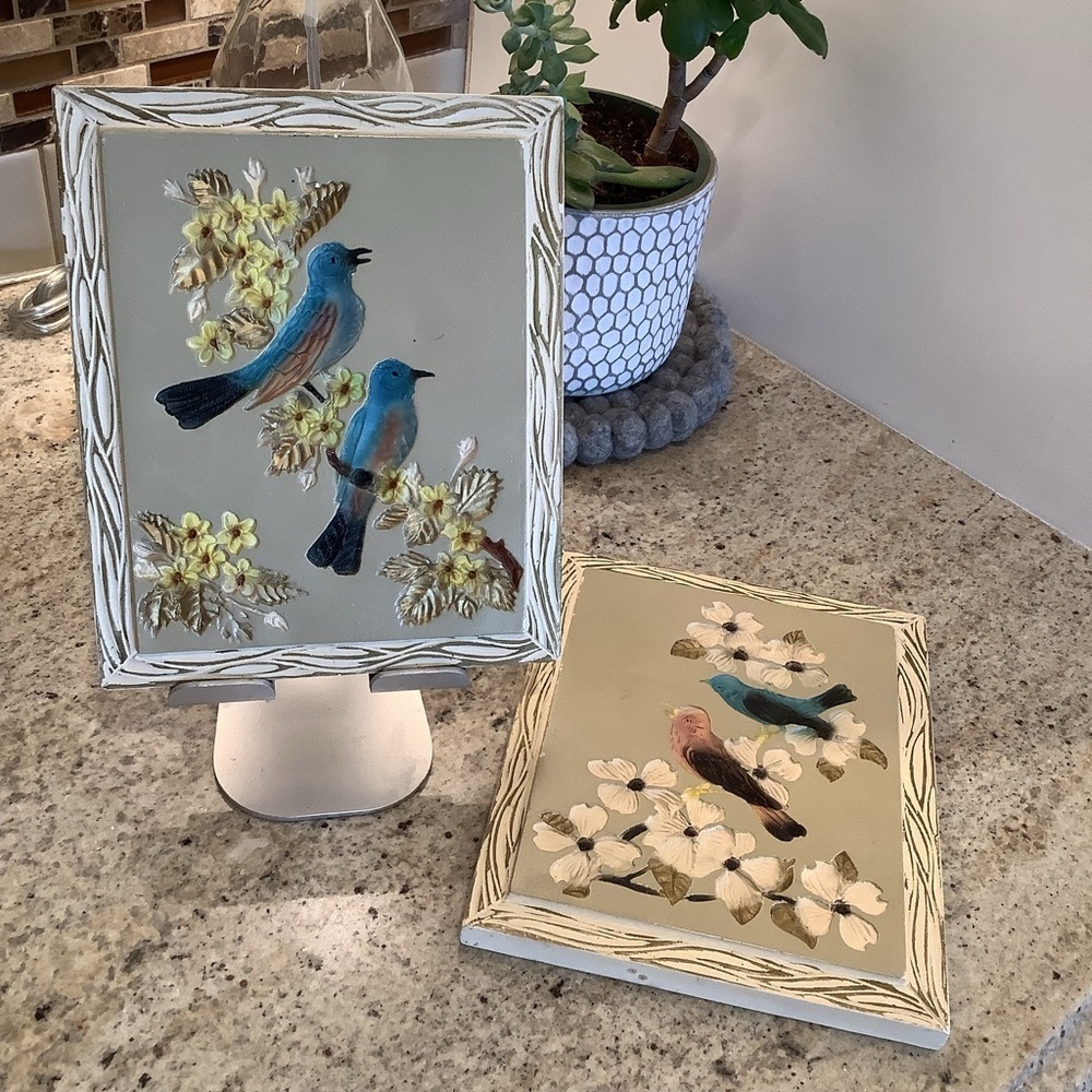 Vintage Set of Two Devonware Bird and Floral Art Hand Painted